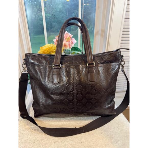COACH 70253 Men's Embossed Op Art Leather Business Tote brown (PU100 - Picture 1 of 16